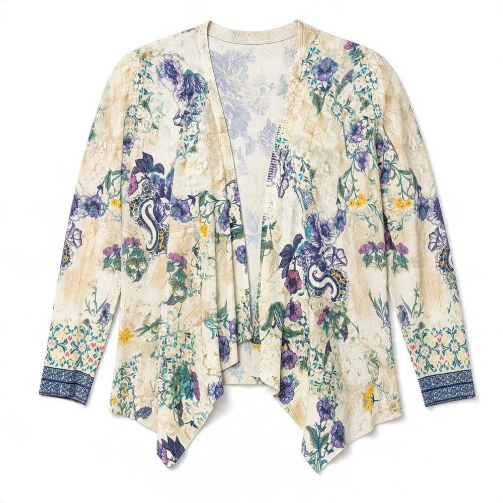 Chico's Sz 0 (S) Open Front Drapey Waterfall Cardigan Baroque Floral Beige Knit